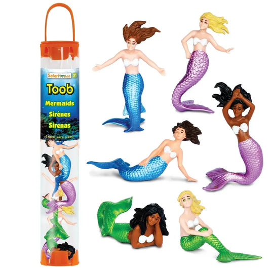 A collection of TOOB® Figurines Mermaids in various poses and colors, depicting different hair and tail colors, packaged in a clear cylindrical container.