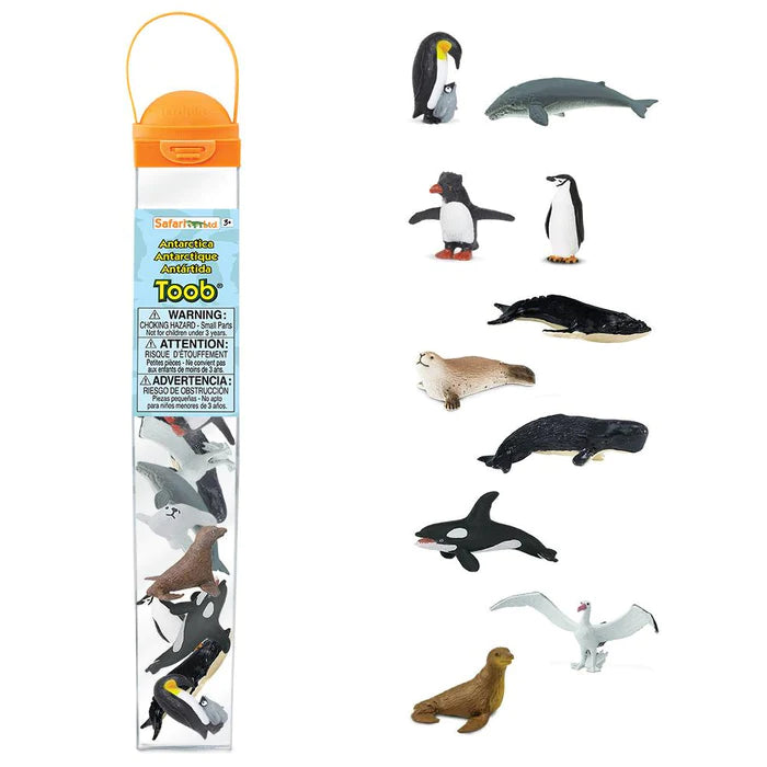 A bunch of different types of animals from Antarctica in a TOOB® Figurines Antarctica.