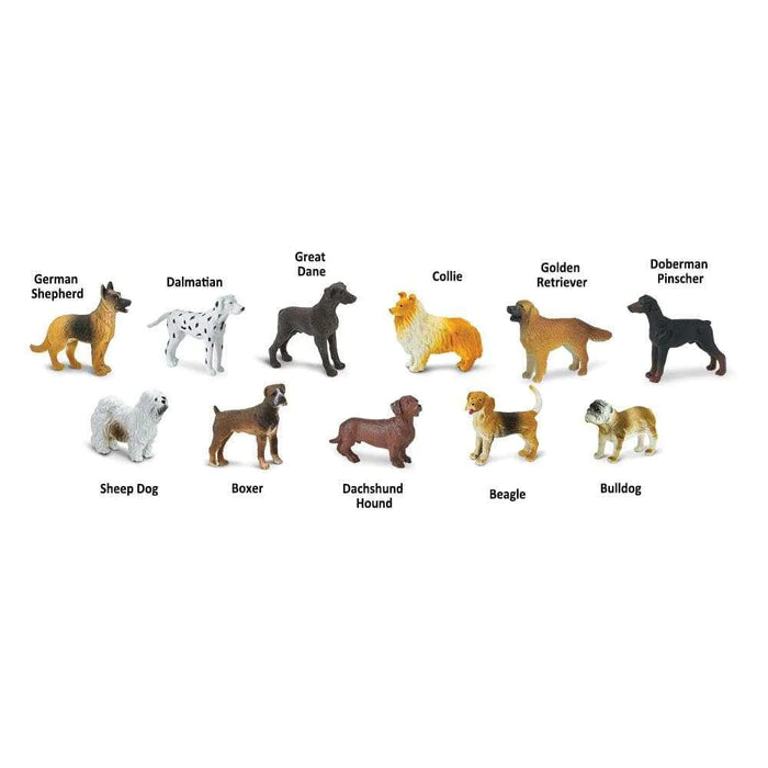 A bunch of Safari Ltd TOOBS® Figurines Dogs that are all different colors.