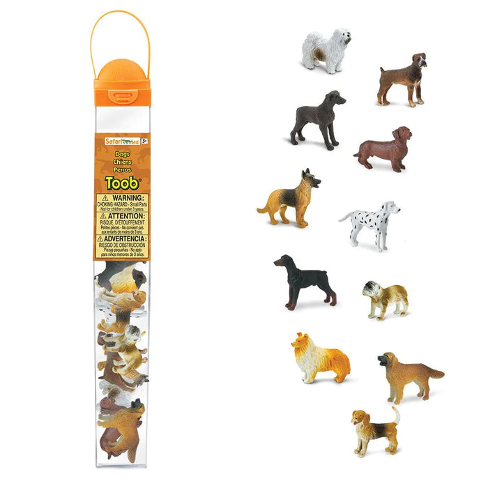 A package of Safari Ltd TOOBs® Figurines Dogs sitting on top of a white table.