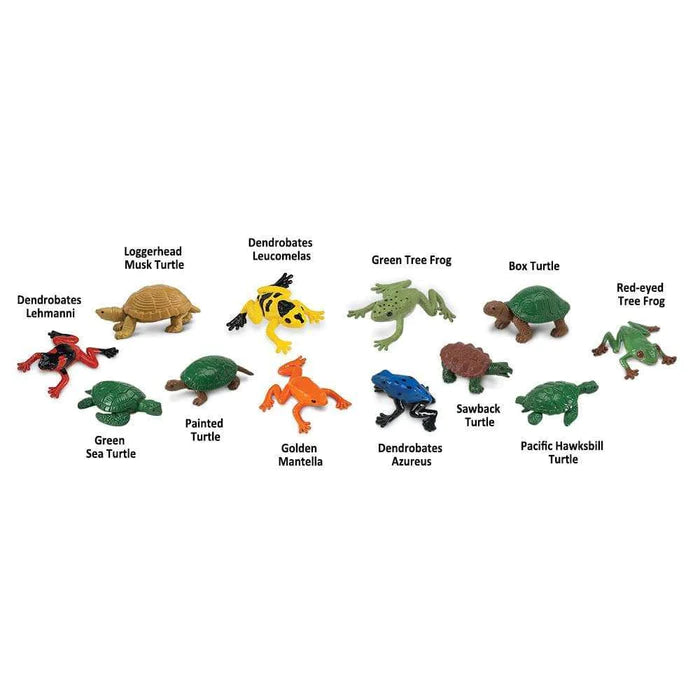 a group of TOOBS® Figurines Frogs & Turtles in different colors.