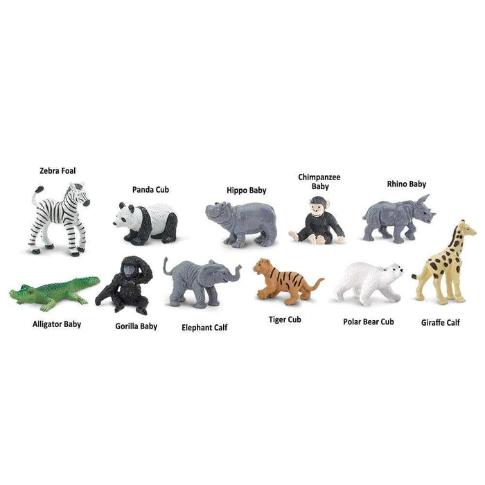 A group of TOOBS® Figurines Zoo Babies that are on a white surface.