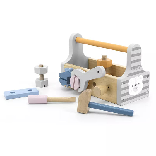 A children's New Classic Toys Tool Kit Soft Colours with wooden tools and hammers.