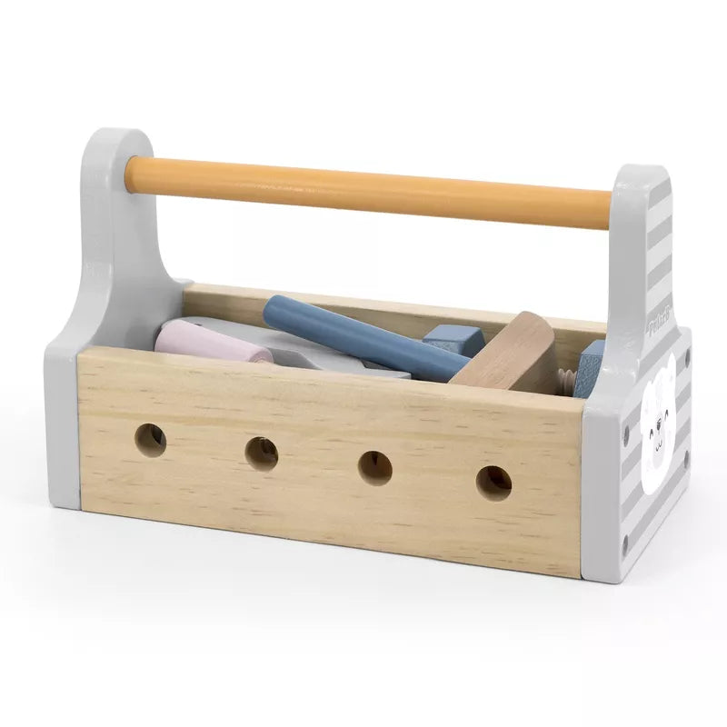 A New Classic Toys Tool Kit Soft Colours designed for children, featuring sturdy wooden handles.