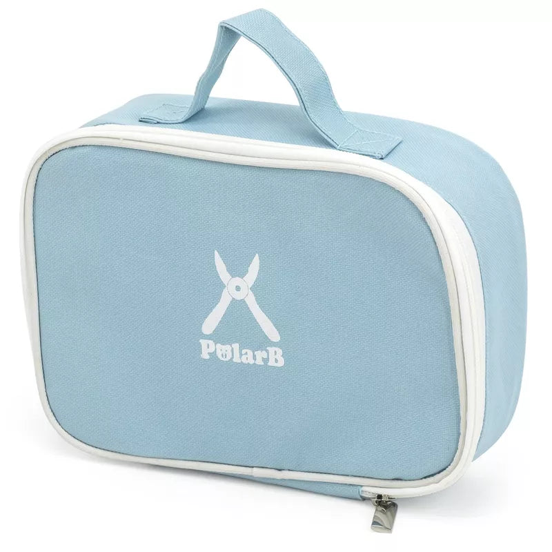 A blue and white lunch bag with a New Classic Toys Tool Set designed for role-play.