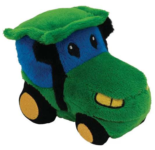 The Cute Commutes Tractor Finger Puppet is a soft, green and blue farm tractor with yellow wheels, black details, embroidered eyes, and a friendly smile—ideal for imaginative play.