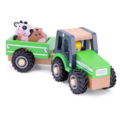 New Classic Toys Wooden Tractor with Trailer and Animals with a cow in the back.