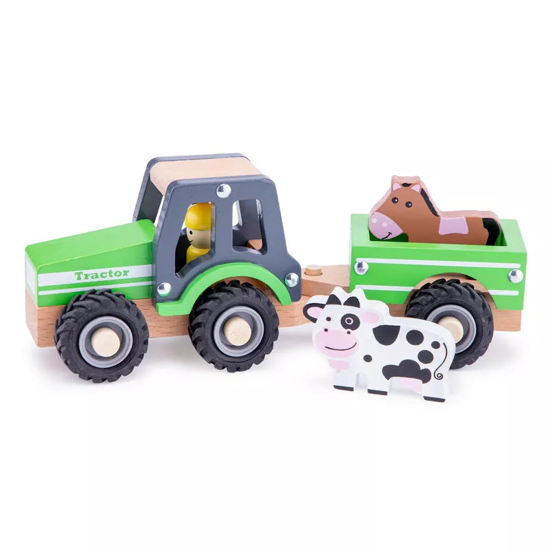 A New Classic Toys wooden tractor with a cow on the back of it.
