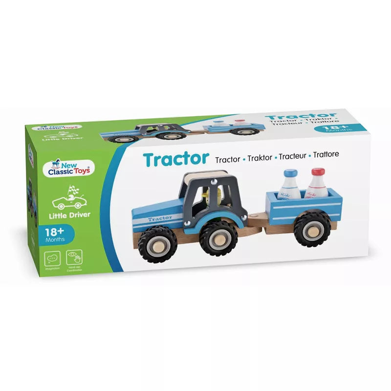 A box of New Classic Toys Wooden Tractor with Trailer and Milk Bottles with a blue truck.