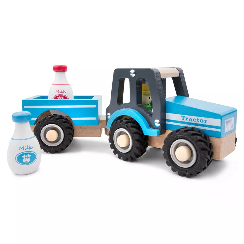 The New Classic Toys Wooden Tractor with Trailer and Milk Bottles.