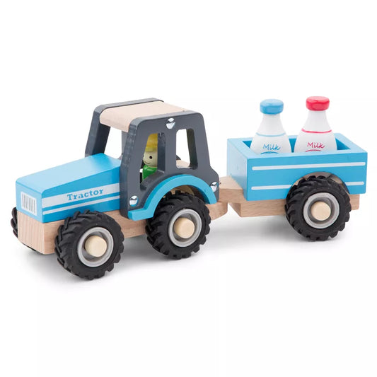 New Classic Toys Wooden Tractor with Trailer and Milk Bottles.