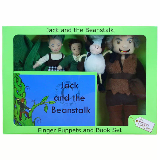 A green boxed set with Jack & The Beanstalk as finger puppets and a book.The box has a see-through cover to show the puppets and the book.