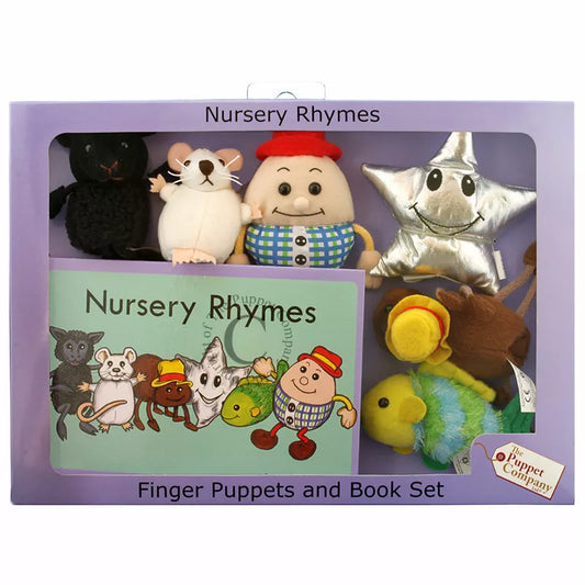 A purple boxed set with The Nursery Rhymes characters as finger puppets and a book.The box has a see-through cover to show the puppets and the book.