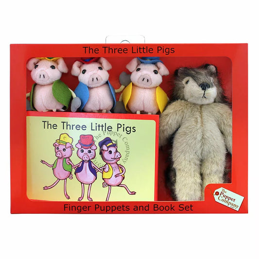 A red boxed set with The Three Little Pigs as finger puppets and a book.The box has a see-through cover to show the puppets and the book.