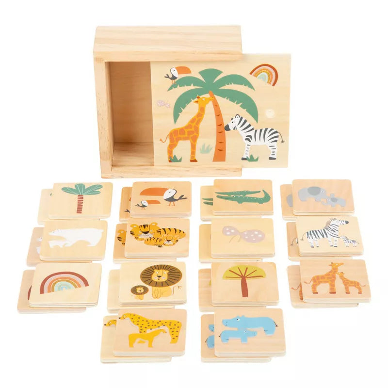 A wooden box filled with Memory Game Safari puzzles.