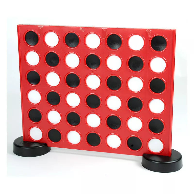 A Giant Garden Game Four in a Row with red and black colors and white circles on it.
