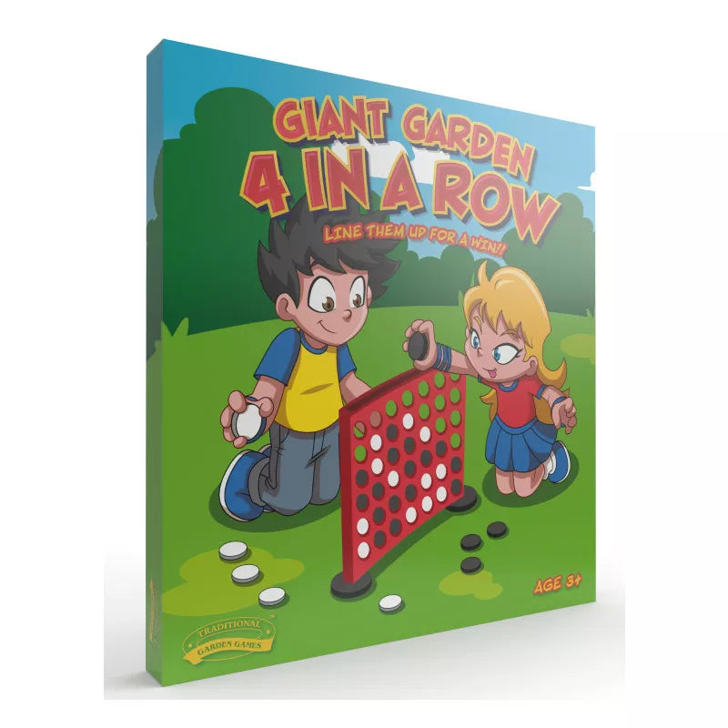 a children's book with a picture of a boy and a girl playing Giant Garden Game Four in a Row.