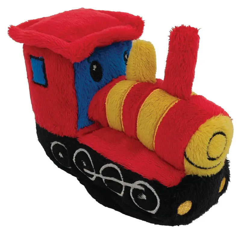 The Cute Commutes Train Finger Puppet features a red cab, yellow and red striped front, blue windows, smiling face, and black wheels. Made of soft fabric, this colorful travel-themed toy is cuddly and playful.