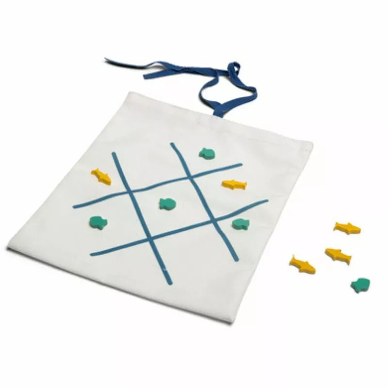 A white Buitenspeel Travel Draughts & Tic Tac Toe bag with a blue string.