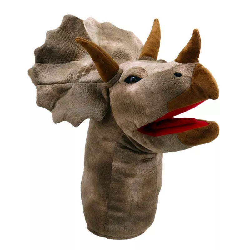 A Hand Puppet shaped like the large head of a Triceratops. The scales and frills are light brown. The Mouth Moving Puppet has 3 horns.
