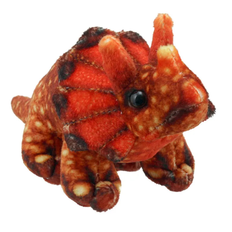 A **Dinosaur Finger Puppet Triceratops** is depicted. Perfect as a storytelling puppet, the stuffed toy is primarily red with black spots and features a frill around its head, three prominent facial horns, and round black eyes.