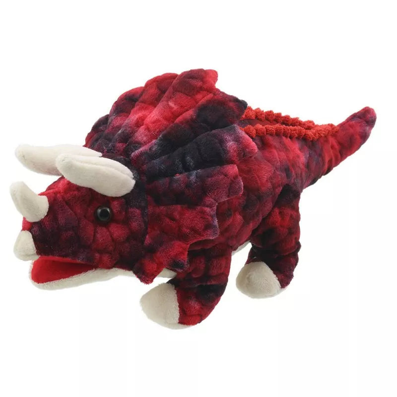 A Dinosaur Hand Puppet, shaped like a Baby Triceratops, mouth moving.