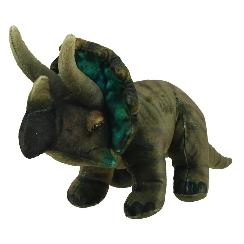 The Natural History Museum Large Triceratops Soft Toy features green and brown fabric, three face horns, and a frilled head—ideal for fans of dinosaurs and collectors of prehistoric toys.
