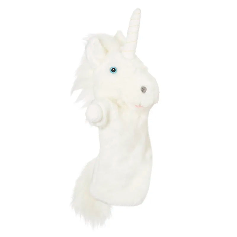 The Puppet Company Long Sleeved Puppet Unicorn is a delightful white unicorn hand puppet, featuring a fluffy mane, a white horn, and blue eyes. Designed for playful storytelling and imaginative play, this puppet's soft, plush material enhances its whimsical and magical appearance.