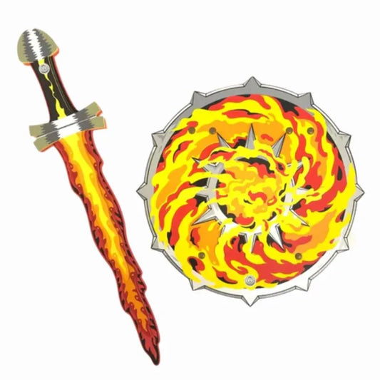 a Liontouch Flame Set Sword & Shield and a Liontouch Flame Set Sword with flames on it.