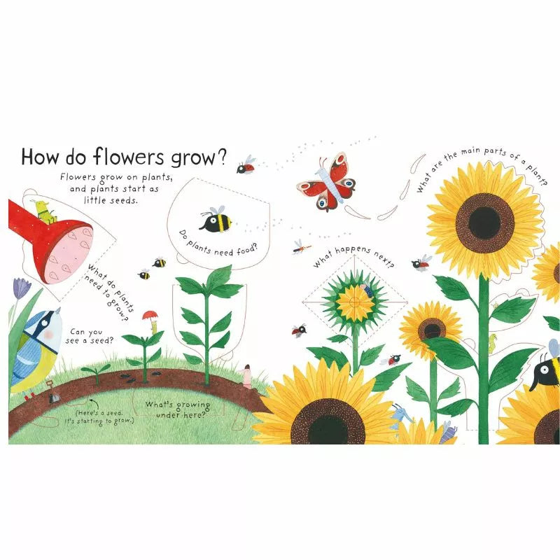 How do flowers grow?" - the Usborne Lift-the-flap First Questions and Answers: How do flowers grow? by johnlewis.com, exploring the magical journey of flowers from seed to blossoms.