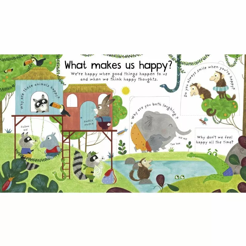 A delightful Usborne Lift-the-flap First Questions and Answers What are feelings? for children exploring emotions and boosting happiness.