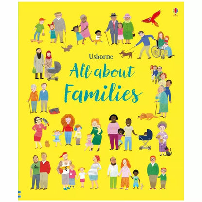 An Usborne All about Families book cover for a diverse family.