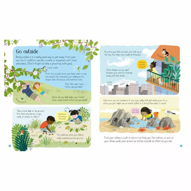a Usborne All About Worries and Fears with illustrations of children playing in the garden.