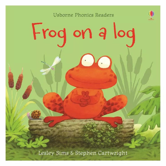 A Usborne Phonics Readers: Frog on a log sitting in the grass.