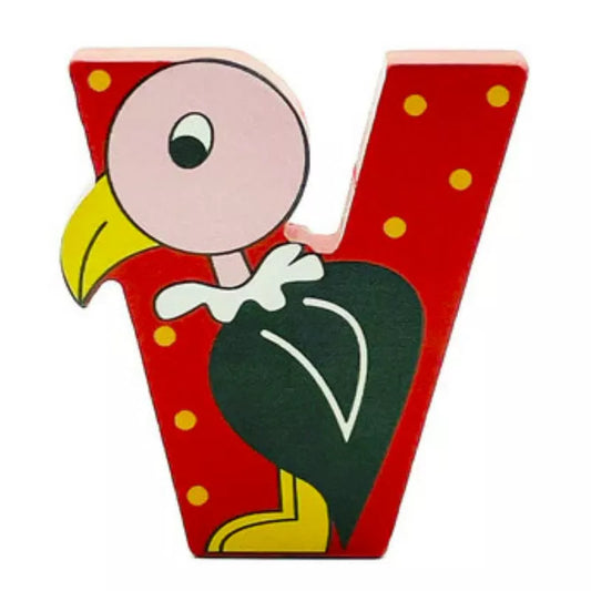 A Wooden Letter Animal – V with a cartoon bird on it.