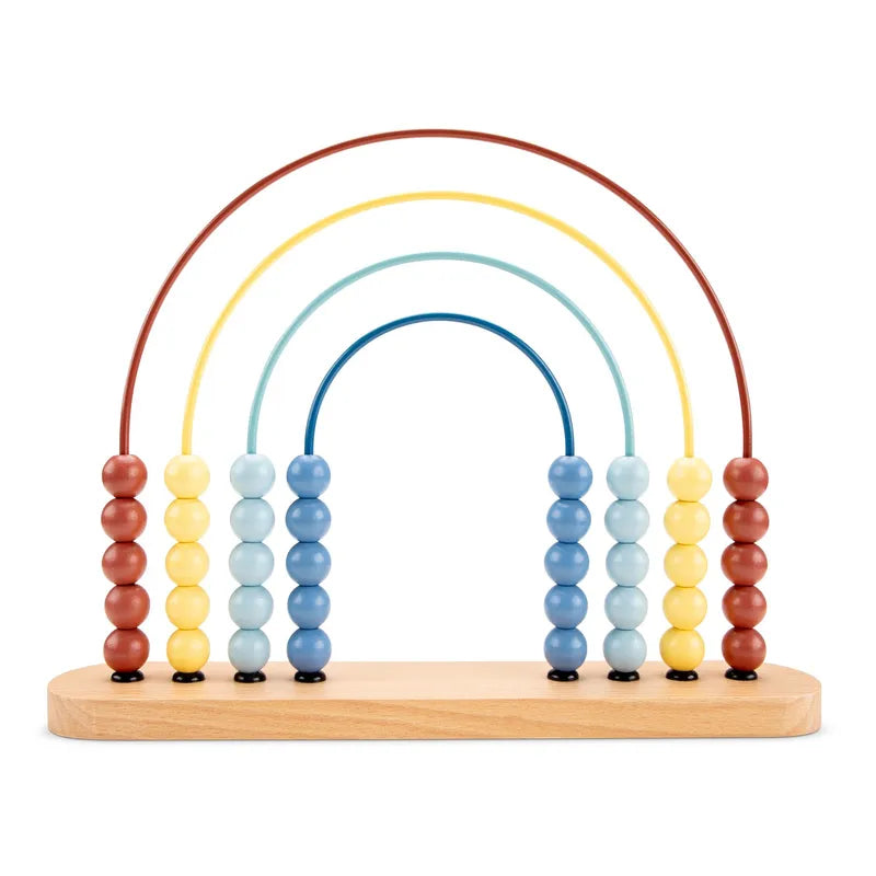 The Abacus 10 Beads is a charming counting toy with three half-circle wires, each holding five colorful beads in brown, yellow, and blue from outer to inner. It features a light wood finish on the base.