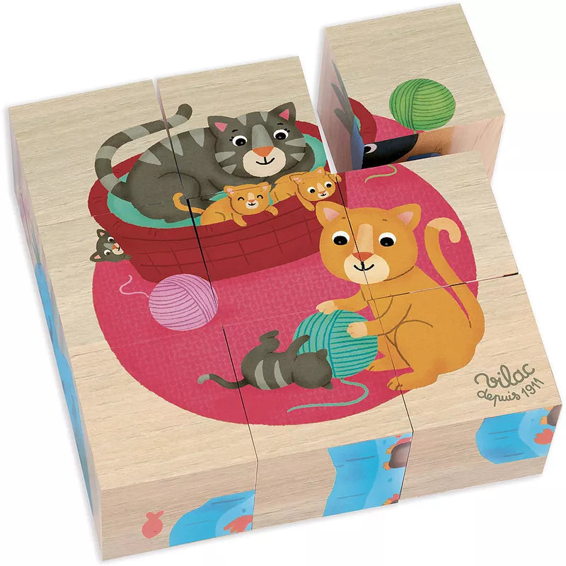 A Vilac 9 Wooden Blocks Puzzle with a picture of cats and kittens.