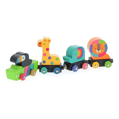 Introducing the Vilac Animals Train – a vibrant wooden toy train perfect for toddlers, featuring four charming cars: a black and green elephant in the front, followed by a spotted yellow giraffe, a green and rainbow chameleon, and concluding with an orange and blue lion.