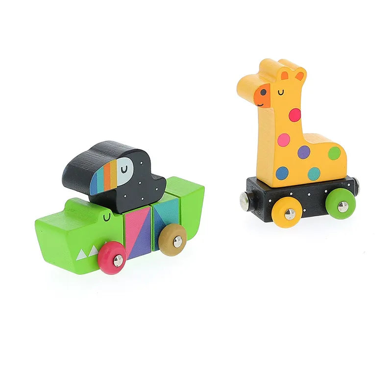 The Vilac Animals Train features two wooden toy cars designed for educational play, each adorned with a delightful animal theme perfect for toddlers. The left car has a green base and showcases a sheep with a black head and rainbow-colored details. The right car features a yellow giraffe with colorful spots on its black base. Both toys have cheerful, smiling faces.