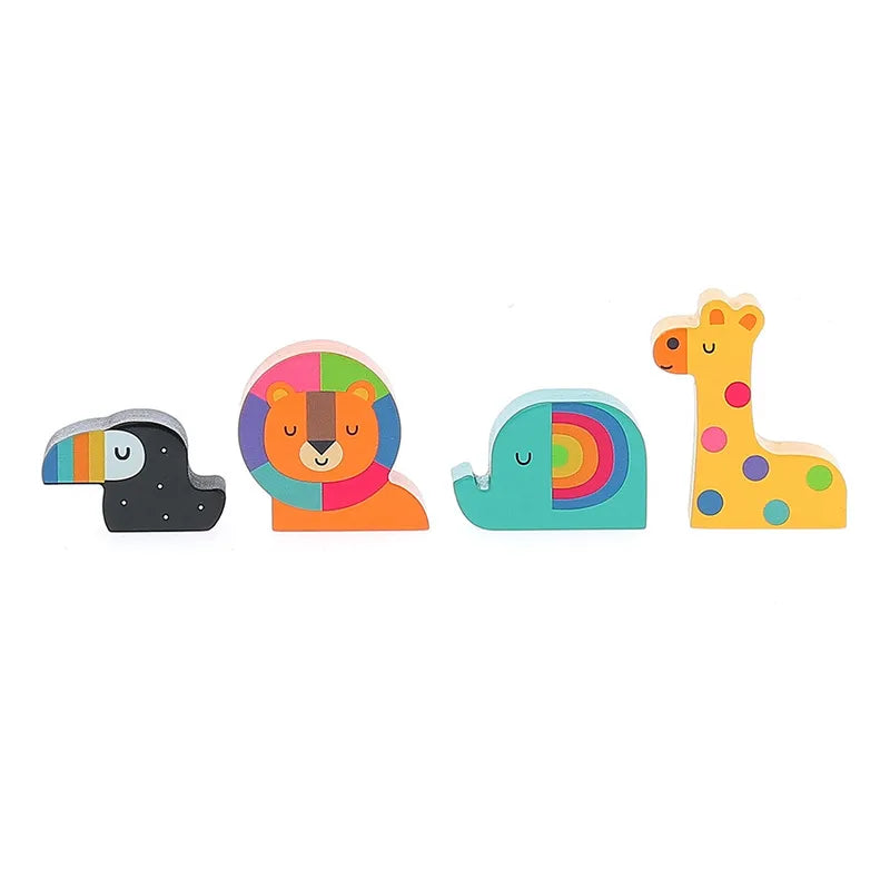 The Vilac Animals Train features four colorful wooden animal cutouts neatly lined up. From left to right, you'll find a toucan with a rainbow-colored beak, a lion with a multicolored mane, an elephant with a rainbow body, and a yellow giraffe adorned with purple and blue spots. It's perfect for toddlers' educational play.