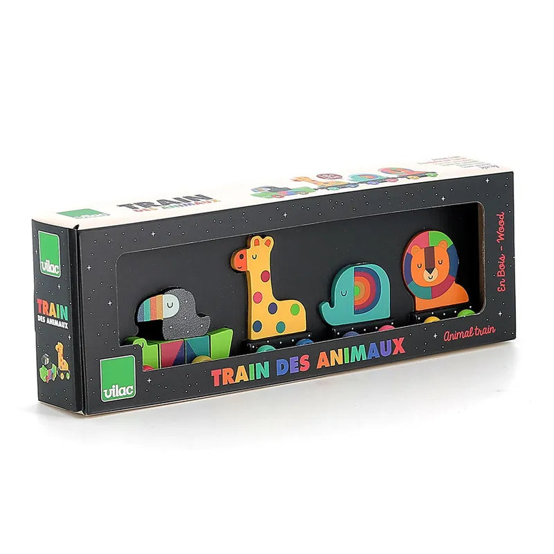 The Vilac Animals Train toy set showcases a vibrant wooden train accompanied by four delightful animal figures: an elephant, a giraffe, a lion, and a penguin. Designed for toddlers, this educational playset is packaged in a dark box with a display window and adorned with cheerful artwork of the animals.