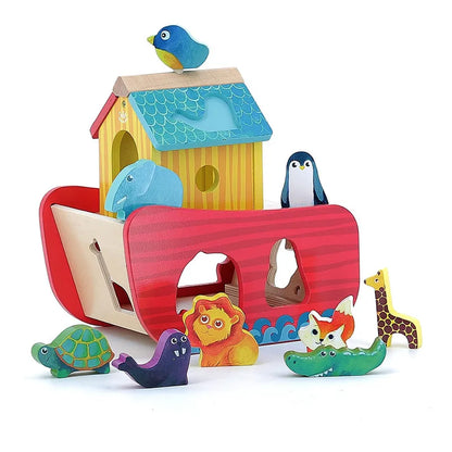 The Vilac Animals Ark Shape Sorter is a vibrant wooden toy ark featuring a variety of animals, including a bird, penguin, giraffe, lion, dolphin, turtle, crocodile, and fox. Perfect for children aged 2 years and up, the red and yellow ark has cut-out shapes for the animals to fit into, promoting shape recognition and fine motor skills.