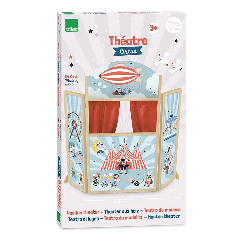 A box of the Vilac Circus Theater playset for children aged 3 years and up. The colorful box features circus-themed illustrations of a tent, performers, and various acts. Text on the box is written in multiple languages, and the playset is crafted from high-quality wood, making it a delightful wooden toy.