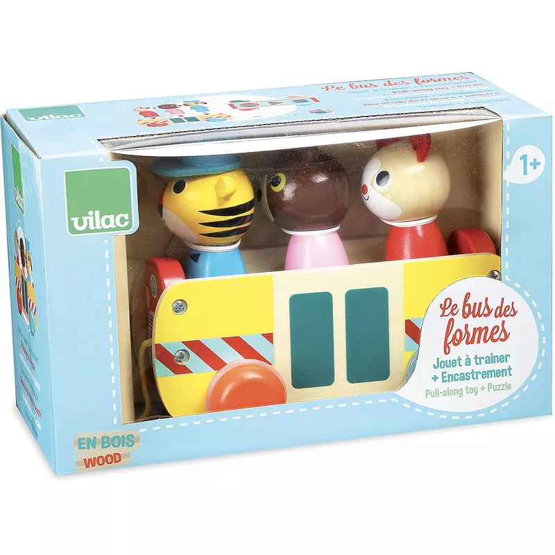 a Vilac Coach Pull along toy box with a cat, a dog and a cat.