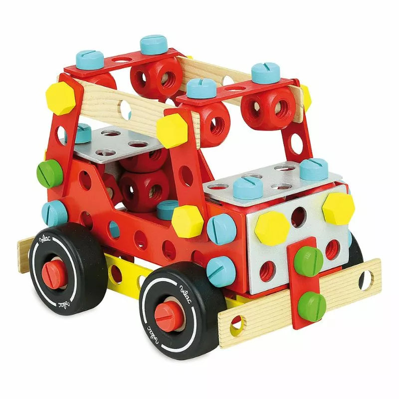 a red and yellow Vilac Super Batibloc Construction truck with wheels.