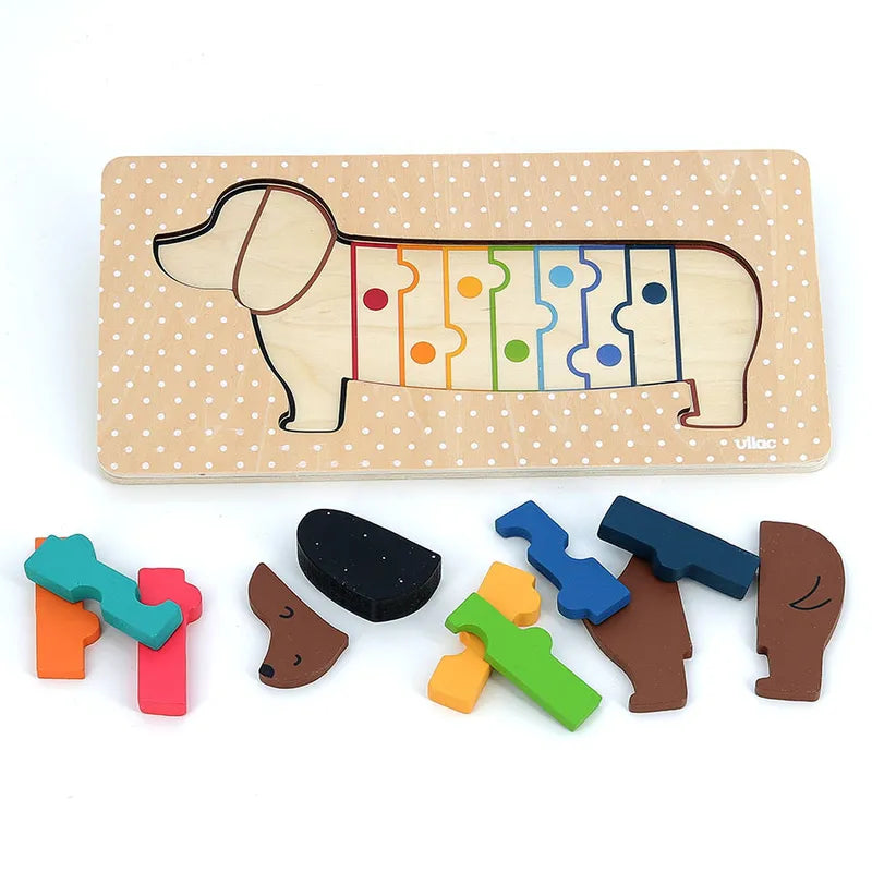 The Vilac Dog Wooden Puzzle is a vibrant toy puzzle, featuring uniquely shaped pieces that represent different parts of a dachshund dog. The puzzle board outlines the dog and includes color-coded slots for each piece. Ideal for children aged 1 year and up, the pieces are designed to be scattered around the board for an engaging play experience.