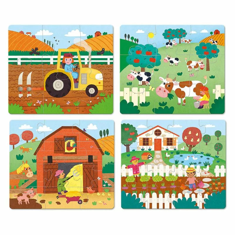 Four Vilac Farm Evolutive Puzzles (4) depicting farm animals and farm scenes.