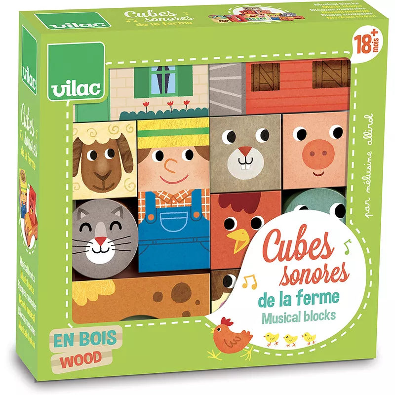 Vilac Farm Musical Blocks sont des cubes snakes de la ferme.