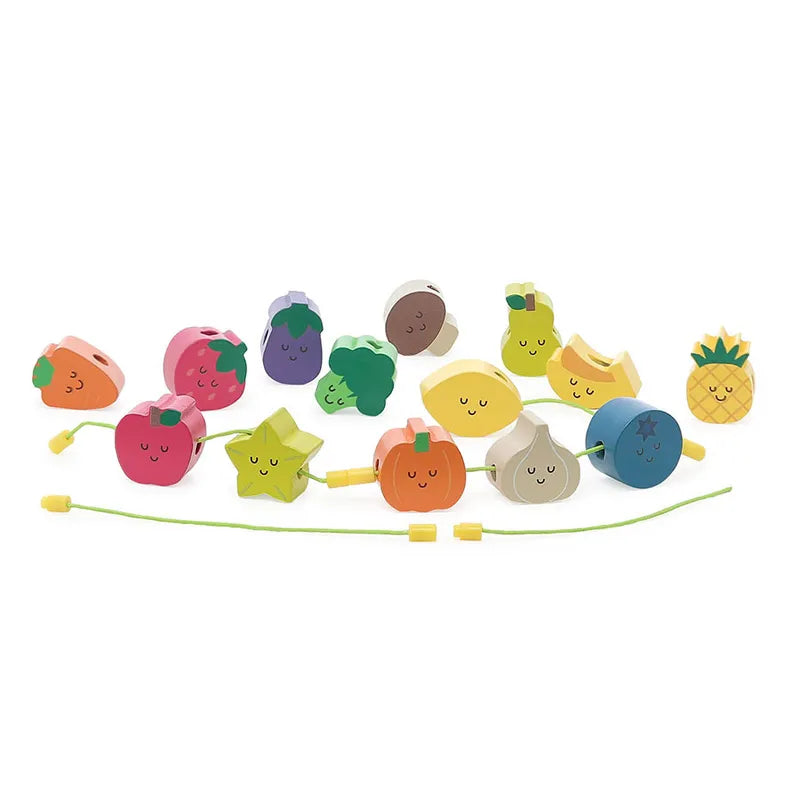 The Vilac Fruits Wooden Beads is a delightful collection of colorful wooden fruits with cartoon faces, featuring a strawberry, orange, lemon, broccoli, apple, grape, star fruit, and pineapple. Perfect for children 18 months and up, this threading toy includes green strings with yellow stoppers for added fun and learning.