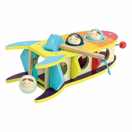 a Vilac wooden toy boat with people on it.